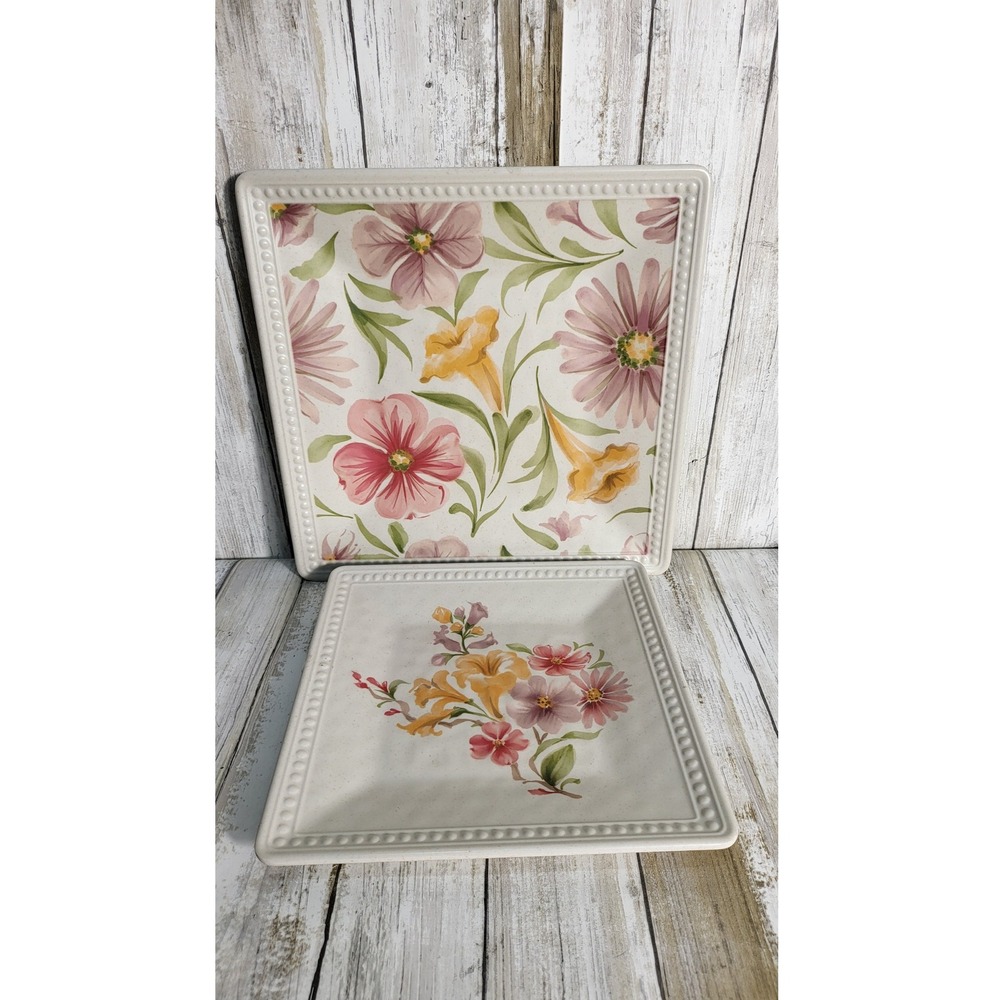 Set 2 Replacement Square Floral Plates with Beaded Edge Texas Inspired Design - Picture 2 of 5